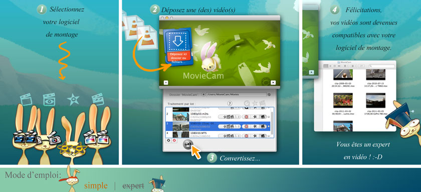 Mode simple: 1-Sélectionnez votre logiciel de montage préféré. 2-Glissez et déposez des fichiers de votre caméscope. 3-Lancez la conversion. 4-Félicitations, vos fichiers sont maintenant adaptés à votre logiciel de montage; vous voici devenu un expert en vidéo! :-)